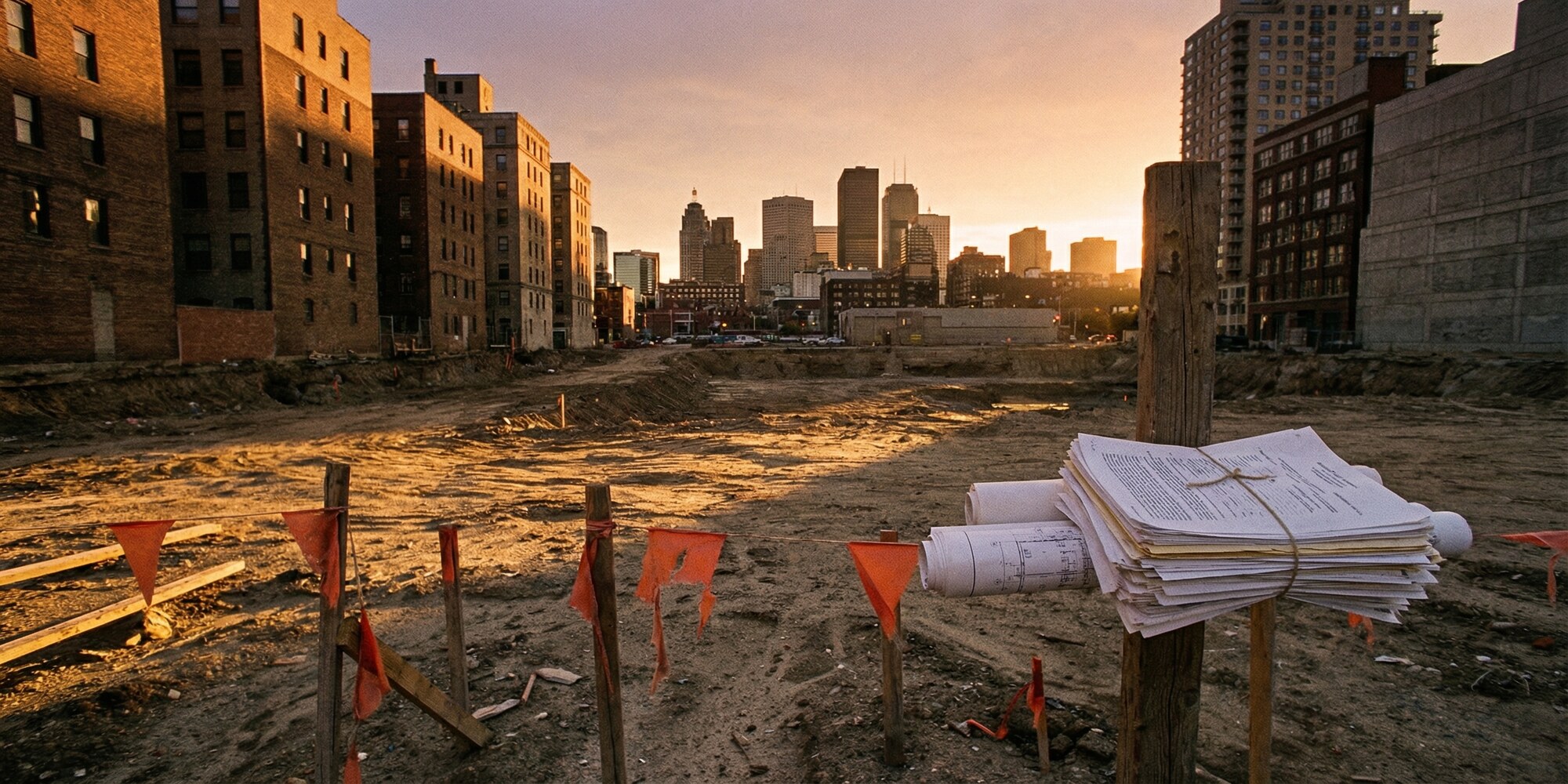 An empty urban development lot at golden hour surrounded by city buildings, with survey stakes and permit documents at the site boundary