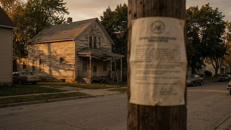 Suburban home with property tax document in foreground, illustrating the lock-in effect of assessment caps on housing supply