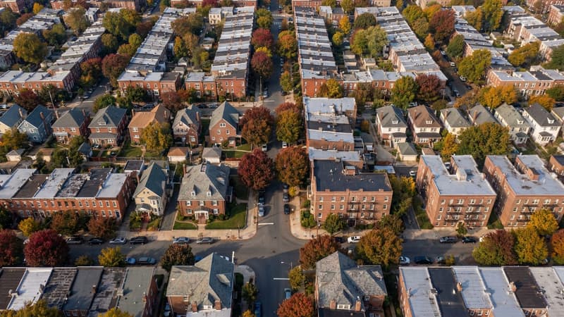 Aerial view of a dense American residential neighborhood with varied housing types — rowhouses, single-family homes, and walkup apartments on tree-lined blocks