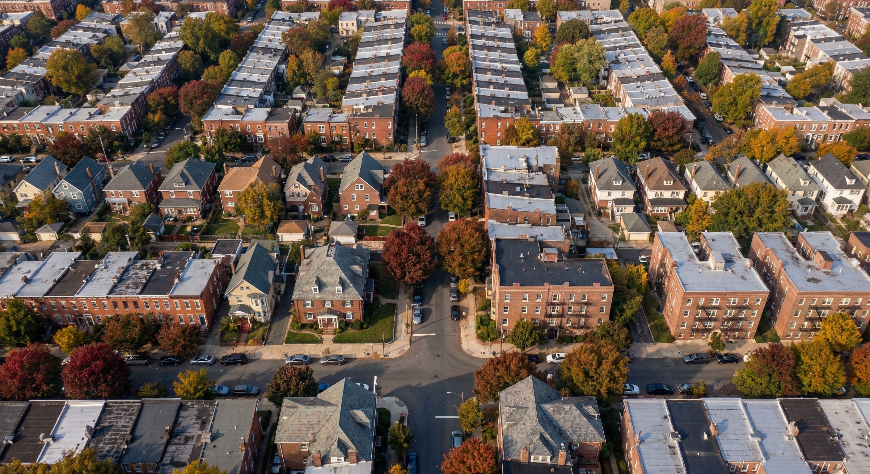 Aerial view of a dense American residential neighborhood with varied housing types — rowhouses, single-family homes, and walkup apartments on tree-lined blocks