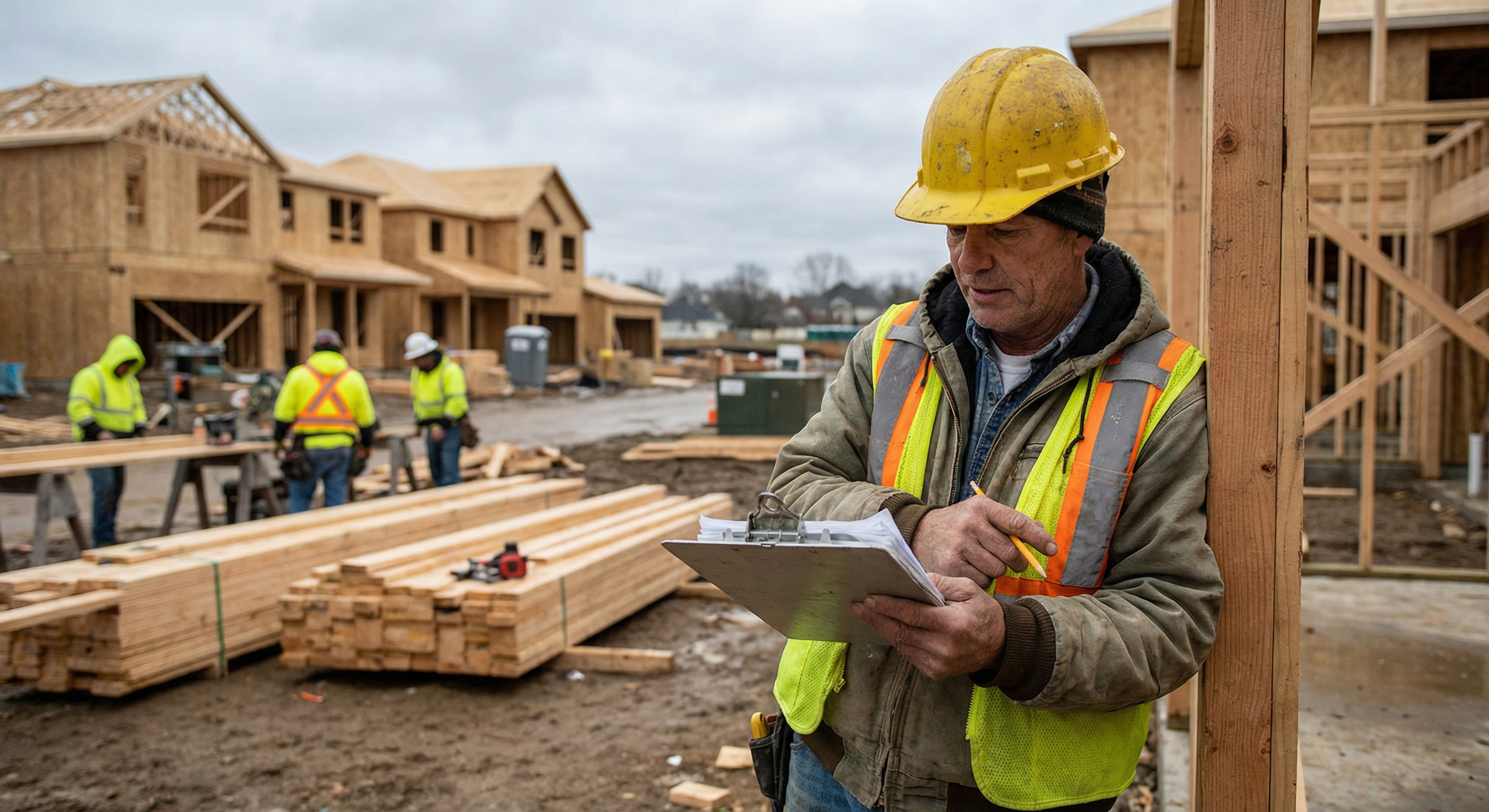 Architectural blueprints and building permit documents on a drafting table, with a house under construction visible through the window