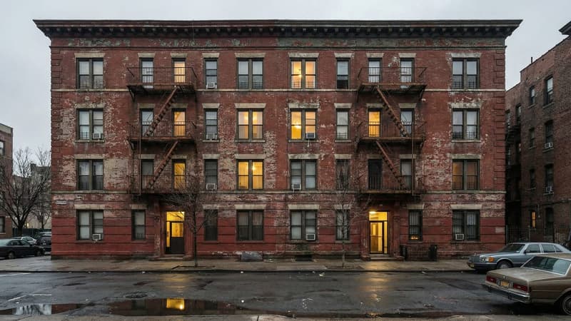 Aging deteriorated apartment building next to modern high-rise, representing the long-term effects of rent control on housing quality