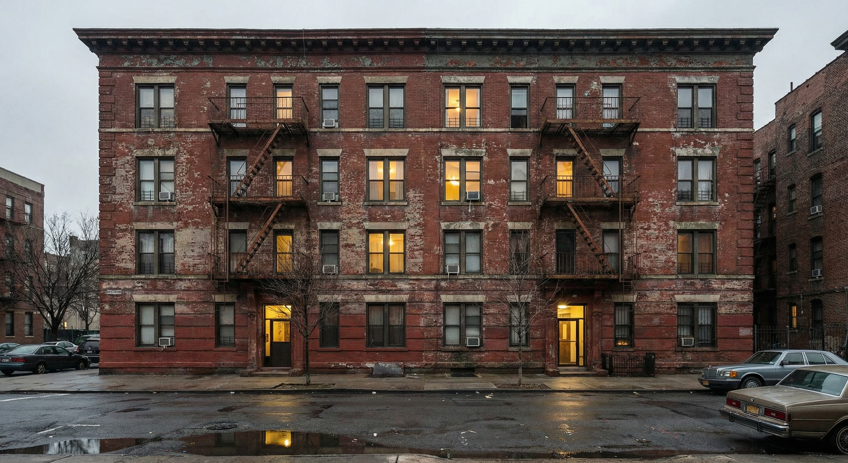 Aging deteriorated apartment building next to modern high-rise, representing the long-term effects of rent control on housing quality