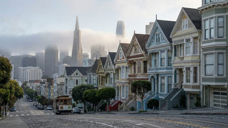 San Francisco Victorian houses with downtown skyline representing the city's housing crisis driven by rent control
