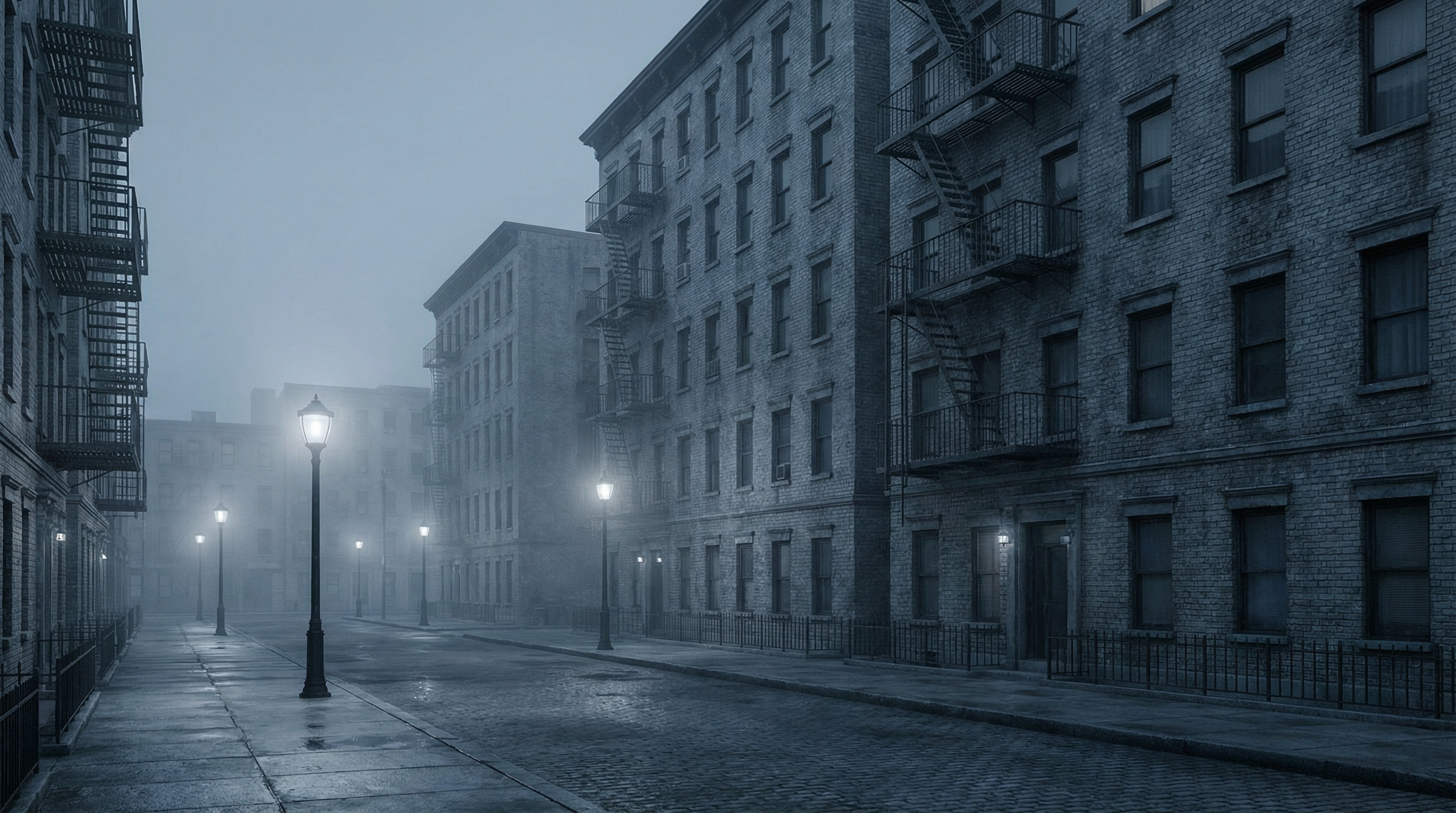 Rows of identical urban apartment buildings under cool blue twilight light, representing rent-stabilized housing stock in a major American city