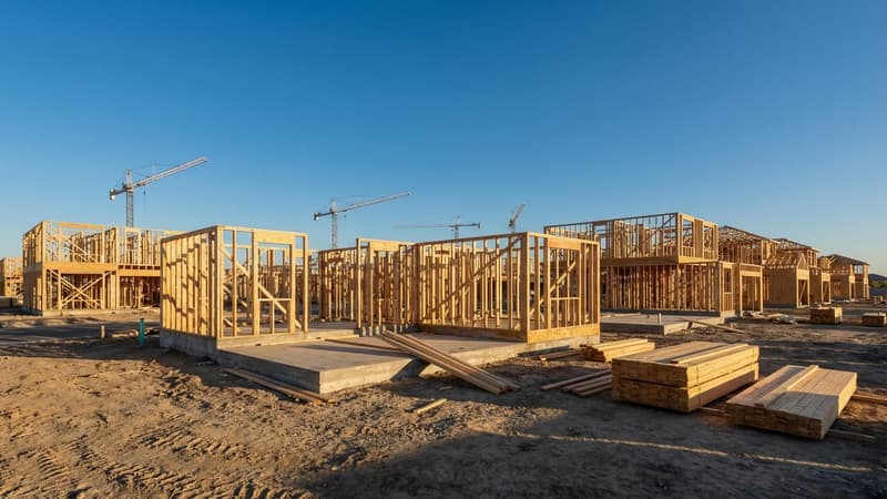 Rows of timber-framed houses mid-construction with tower cranes standing behind them in late-afternoon light