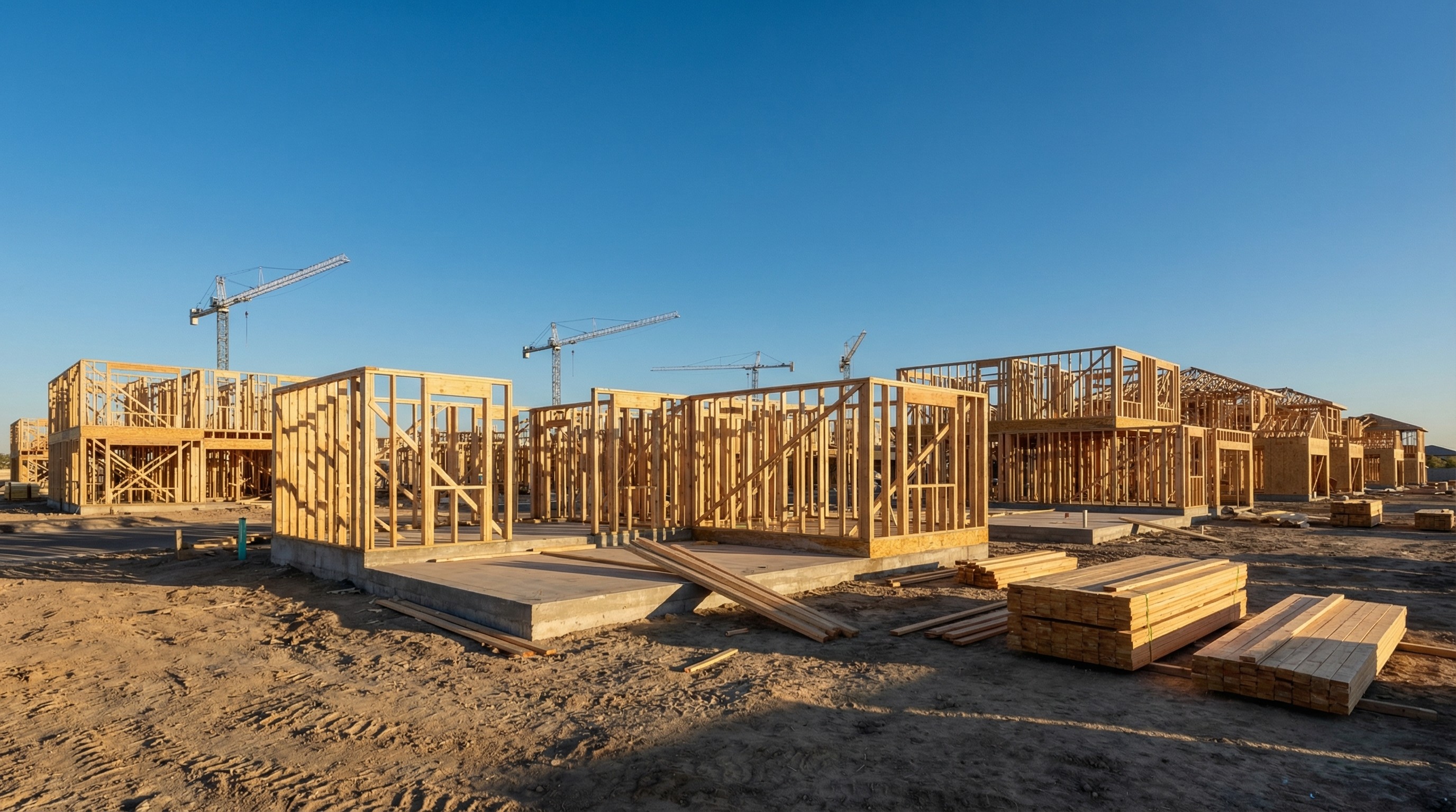 Suburban housing development under construction with wooden frames and cranes in warm afternoon light