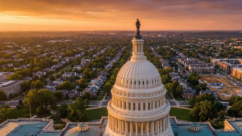 Aerial view of the U.S. Capitol building with a suburban residential neighborhood stretching toward the horizon under dramatic morning sky