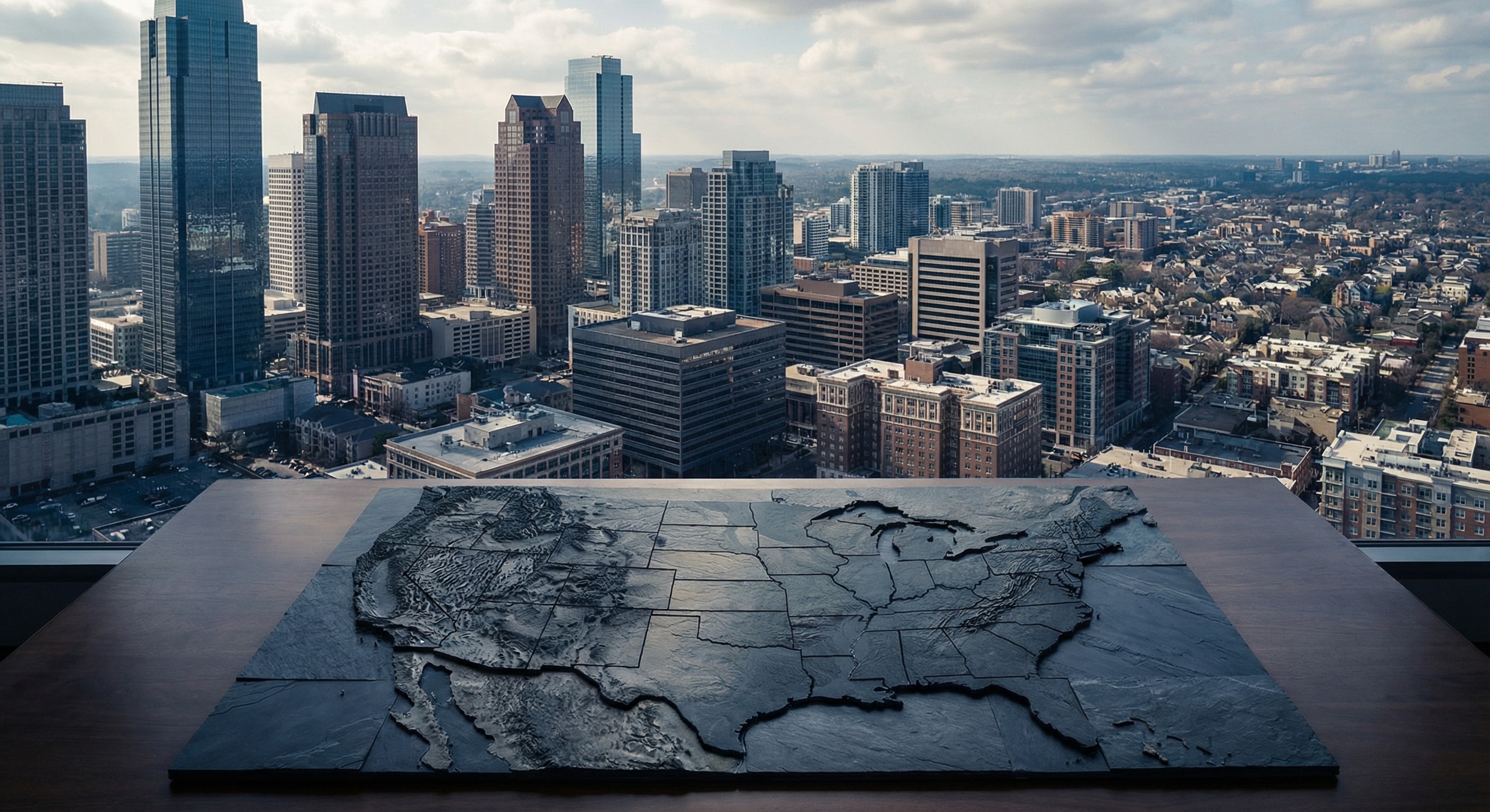 Abstract visualization of state tax maps overlaid on urban housing density patterns in a policy journal style