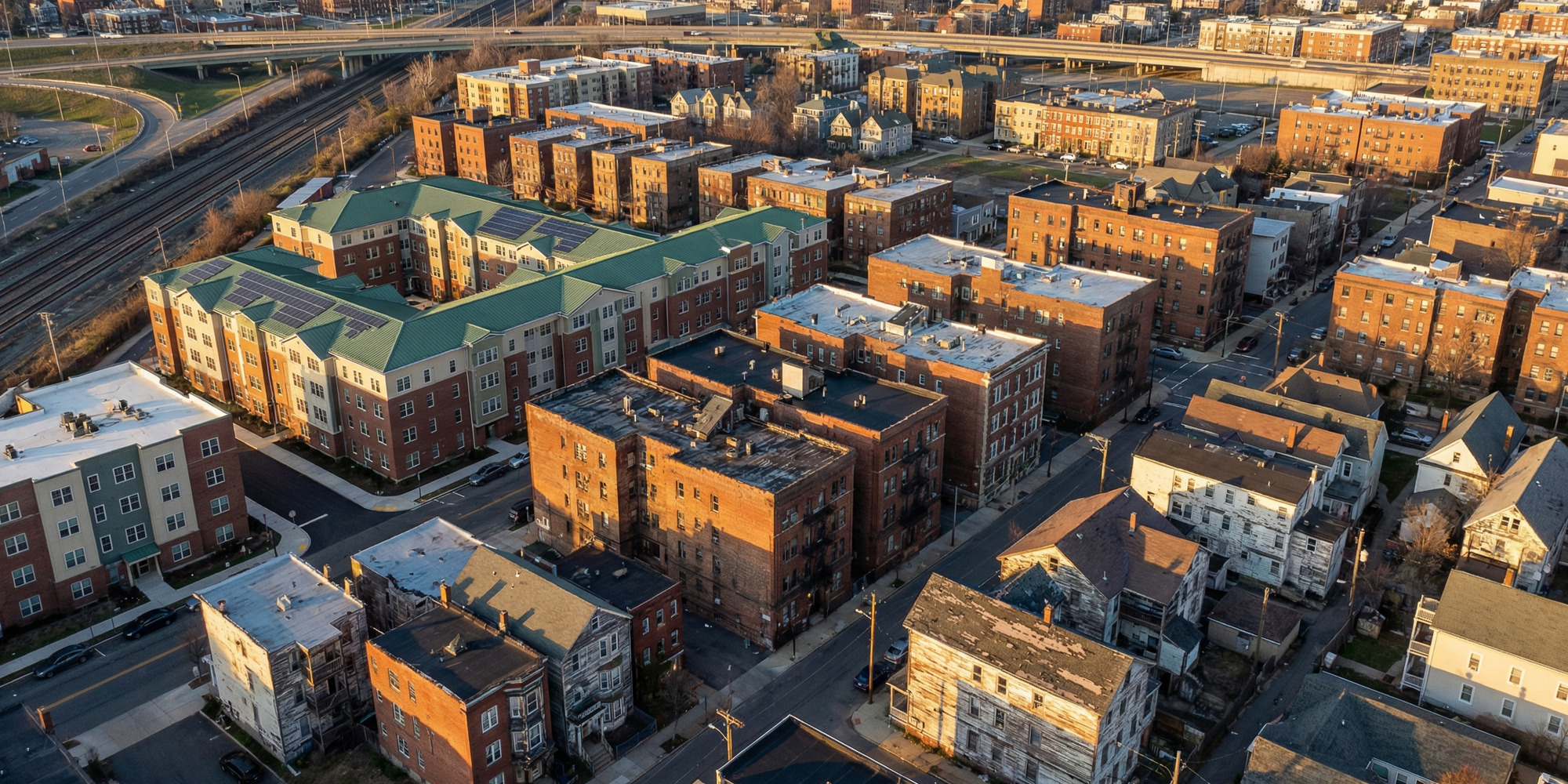 Aerial view of dense urban rental housing complex showing varied quality apartment buildings in an American city