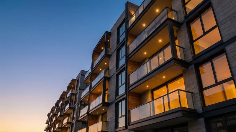 Modern multi-story apartment building facade at dusk with illuminated windows, representing urban residential housing costs and affordability