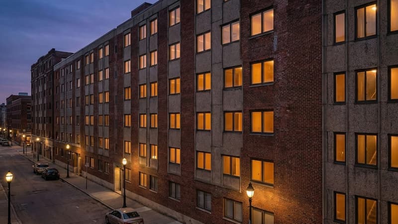 Empty city apartment building facade with rows of windows and a quiet residential street below at dusk