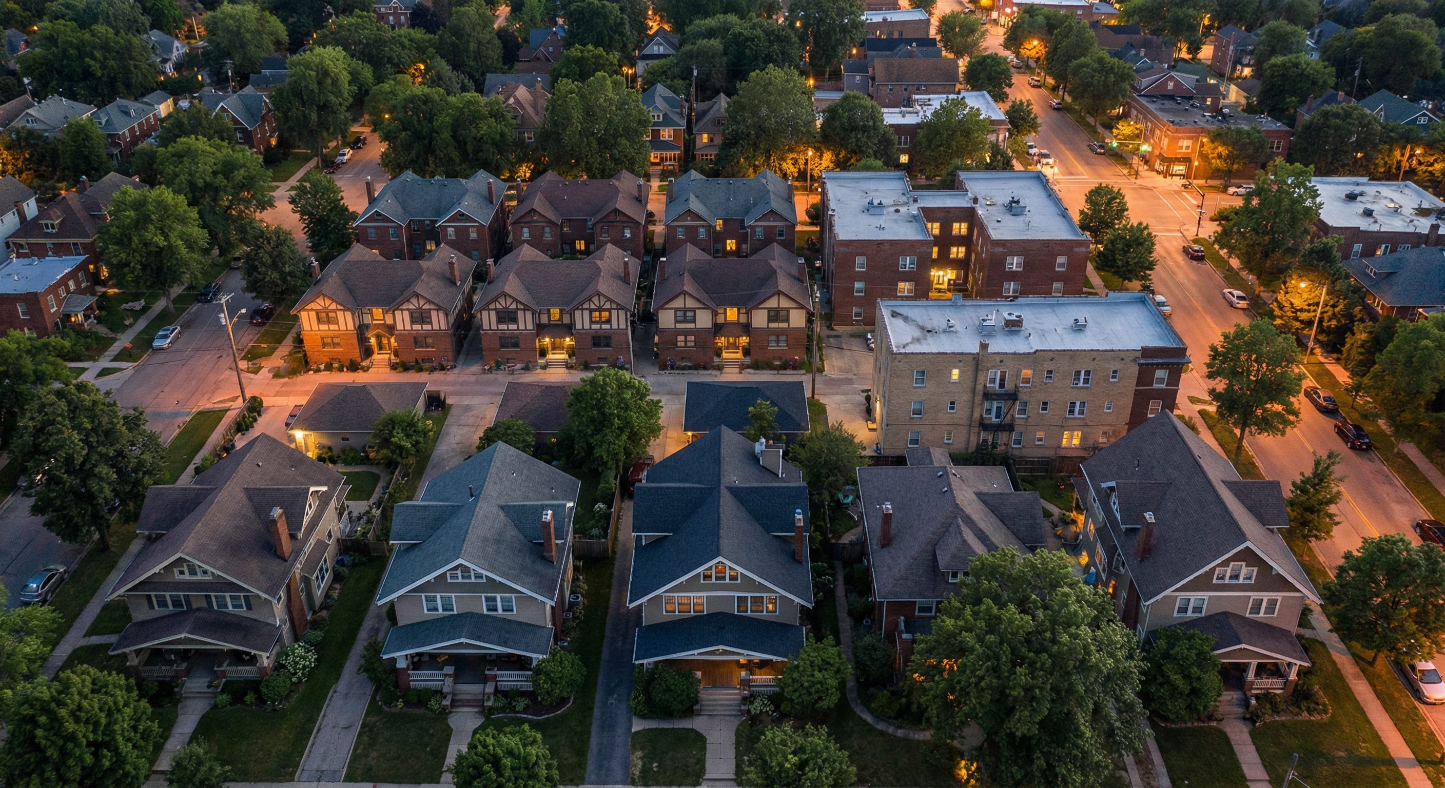 Aerial view of a diverse mixed-density American neighborhood showing single-family homes alongside duplexes, small apartment buildings, and tree-lined streets — representing the spectrum of housing types that preemption laws unlock