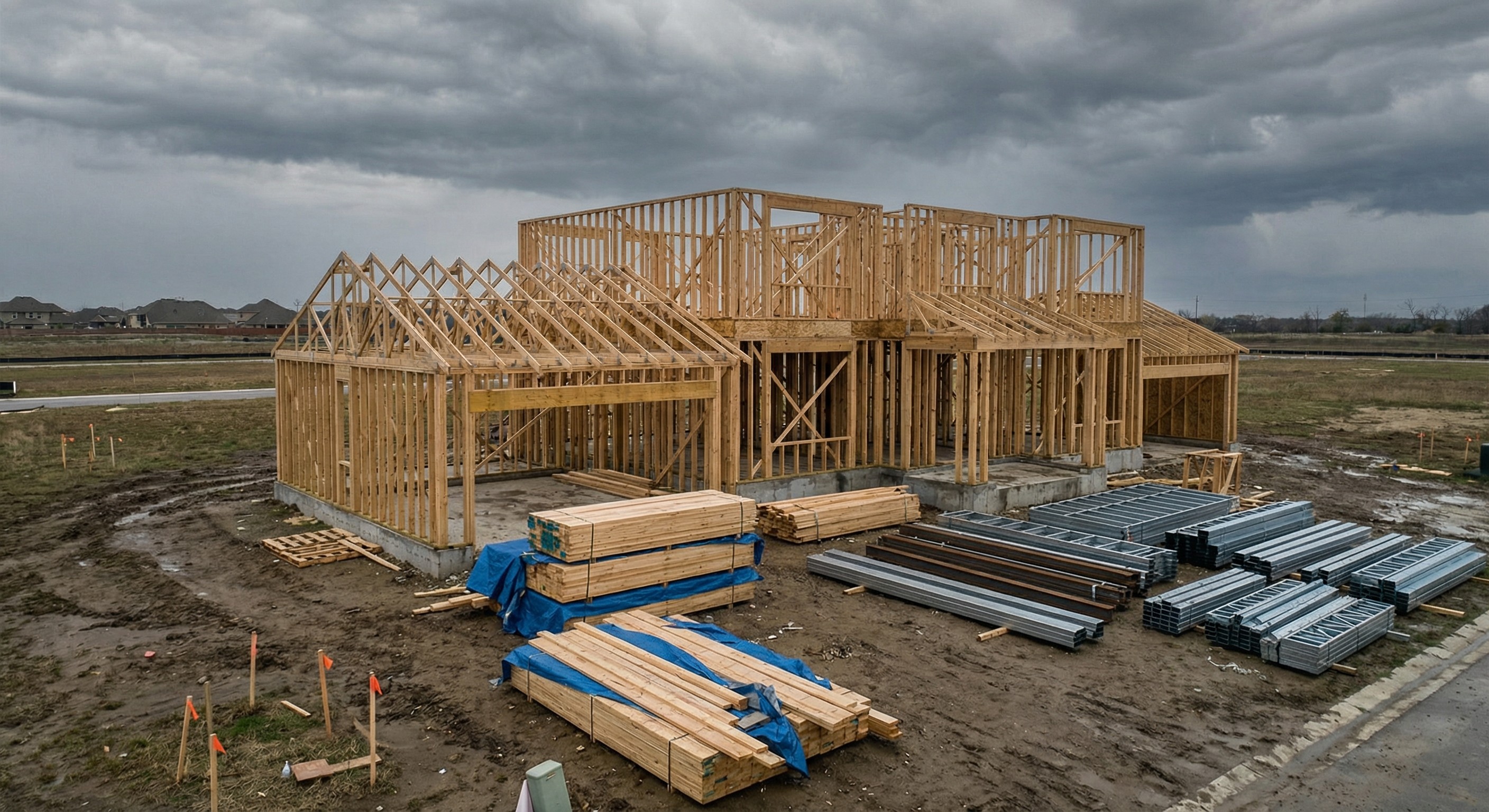 Aerial view of a partially framed residential construction site with stacked lumber and steel materials on pallets under overcast skies