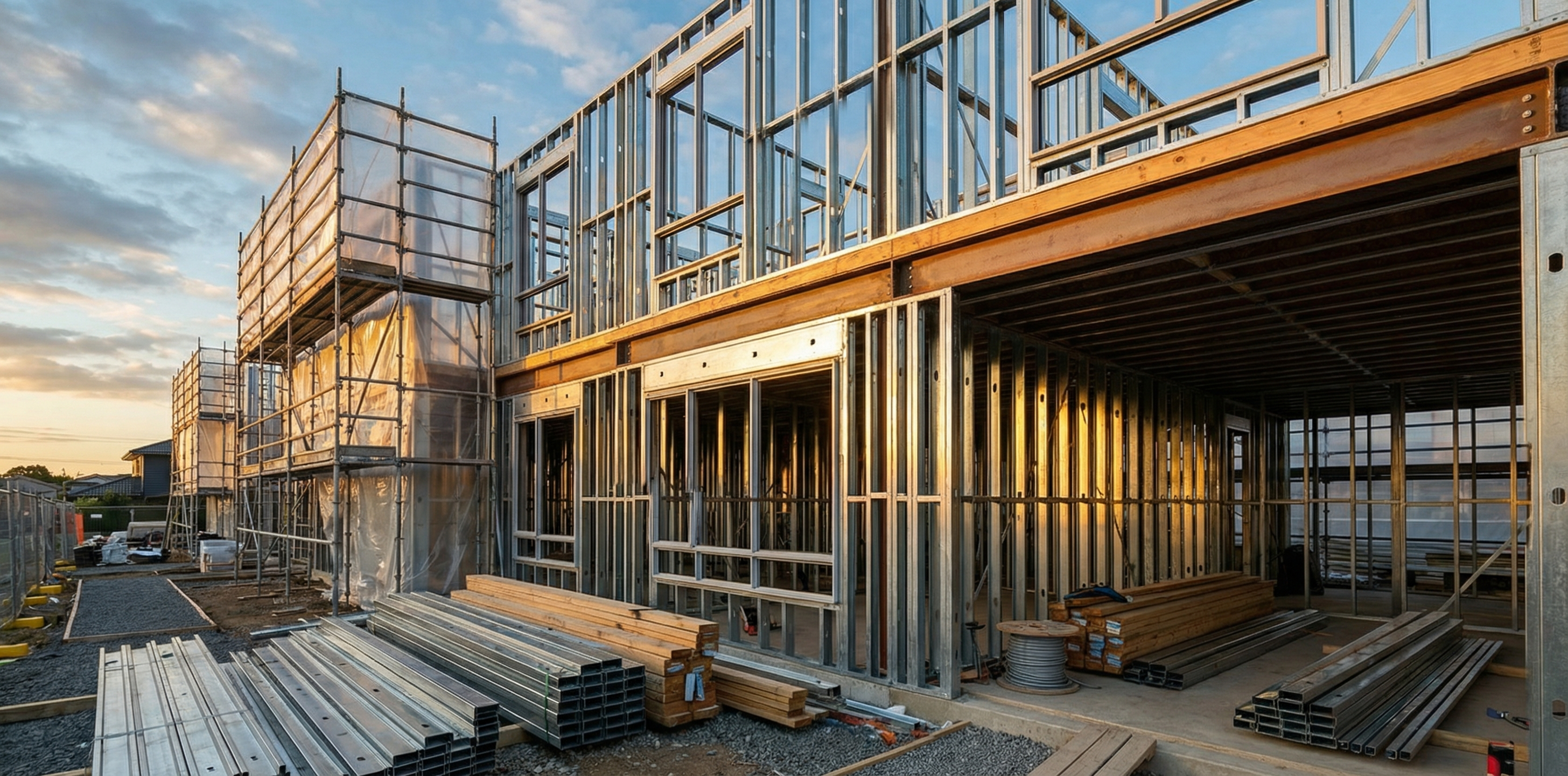Residential construction site showing exposed metal framing and steel structural components in an unfinished home