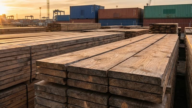 Stacks of dimensional lumber at a lumberyard with freight containers and industrial port infrastructure in the background