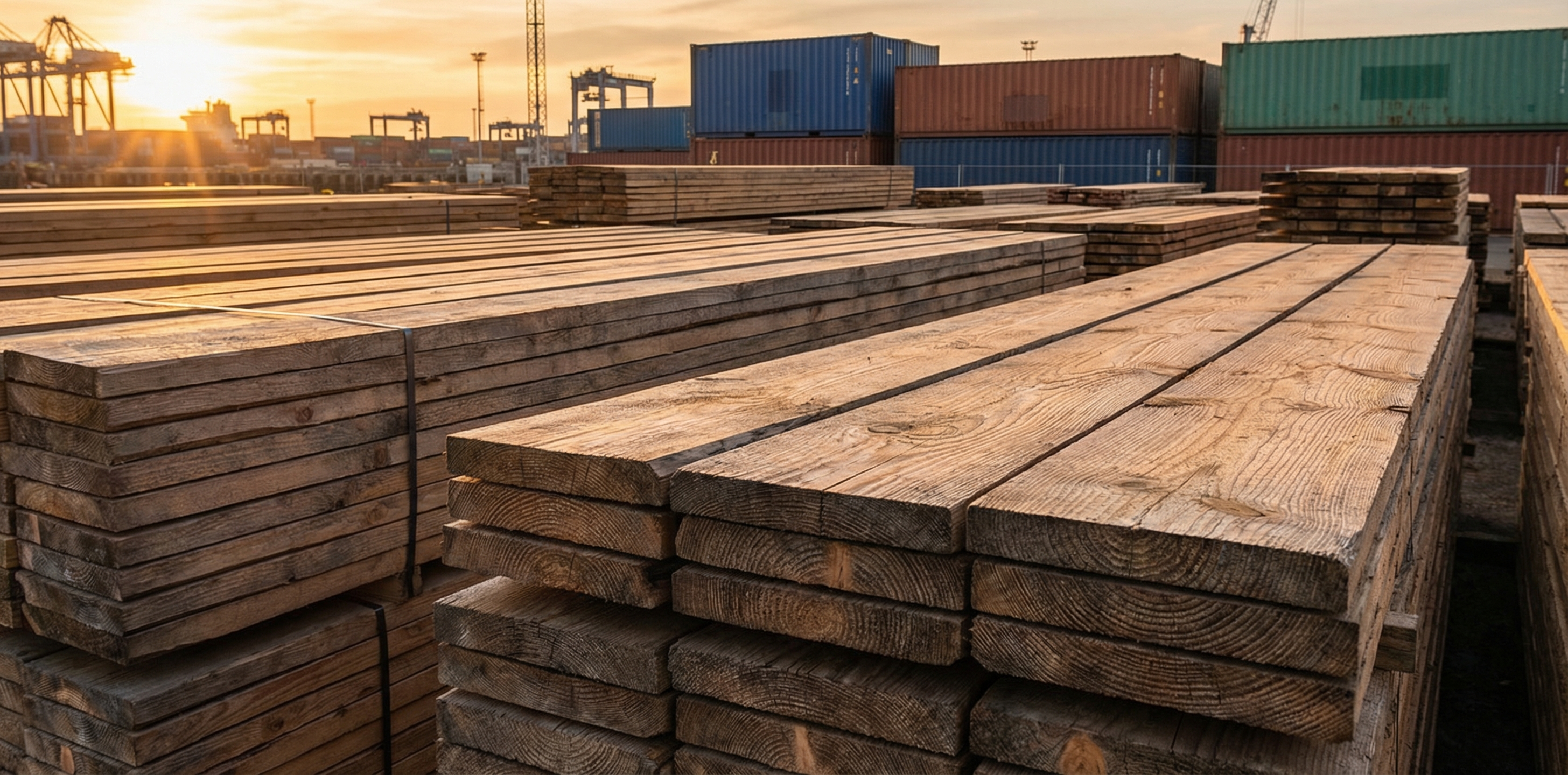 Stacks of dimensional lumber at a lumberyard with freight containers and industrial port infrastructure in the background