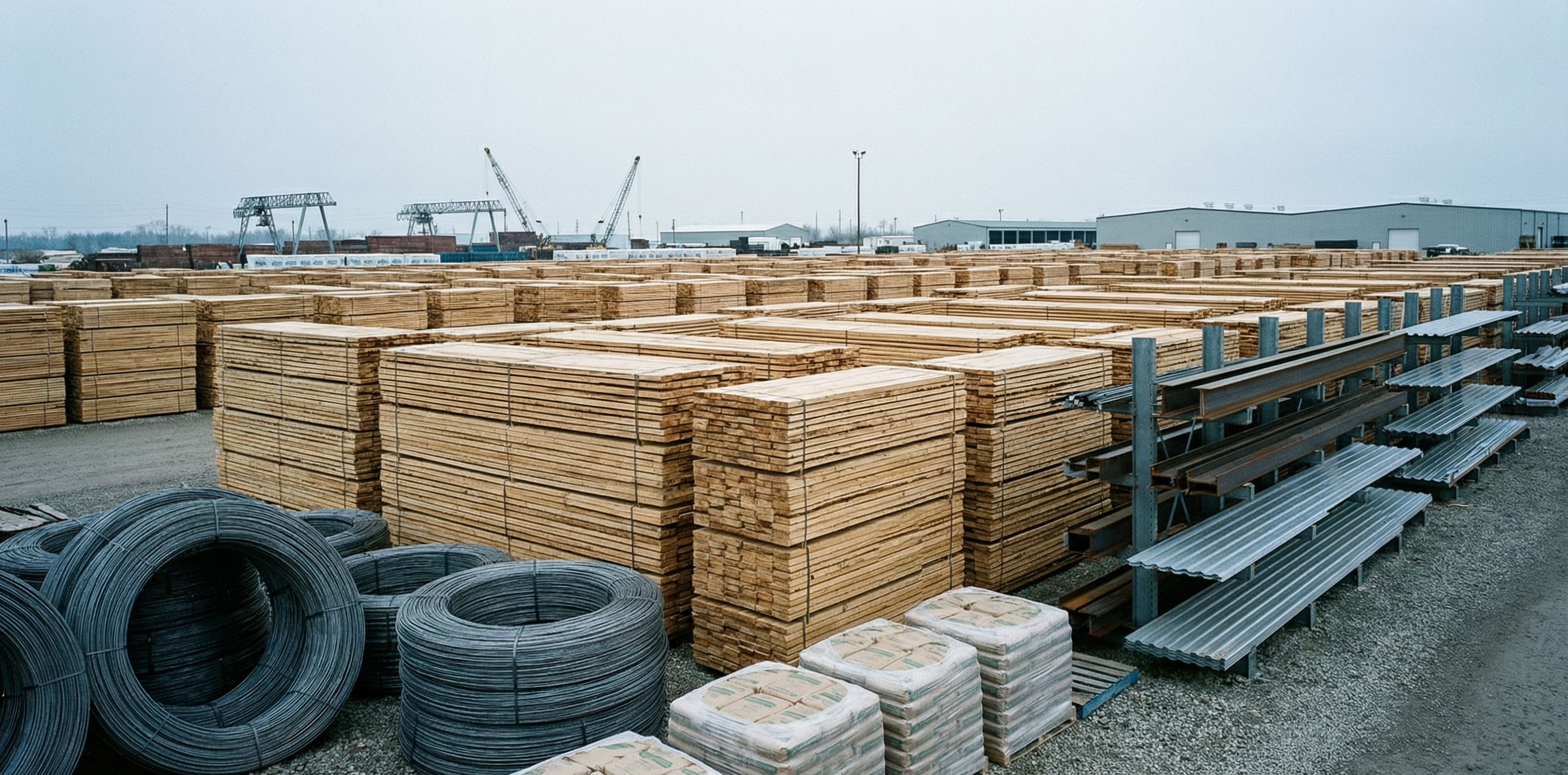 Stacks of rough-sawn lumber and steel building materials at a large industrial supply yard under overcast light