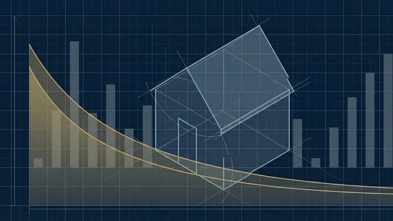 An architectural blueprint of a house annotated with the amortization schedule of a 30-year fixed-rate mortgage