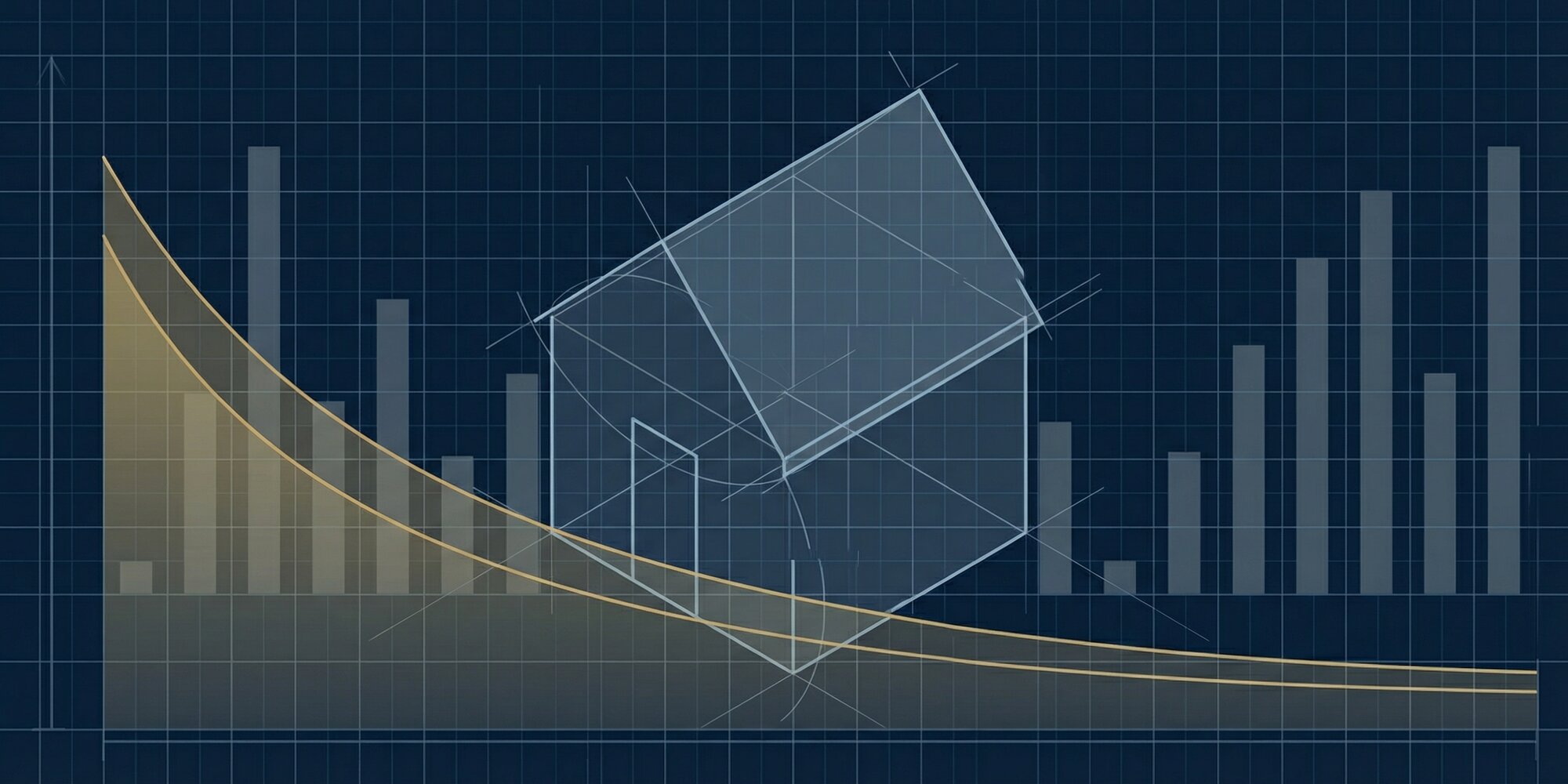 Abstract architectural blueprint of housing finance infrastructure — policy journal aesthetic on the 30-year fixed-rate mortgage