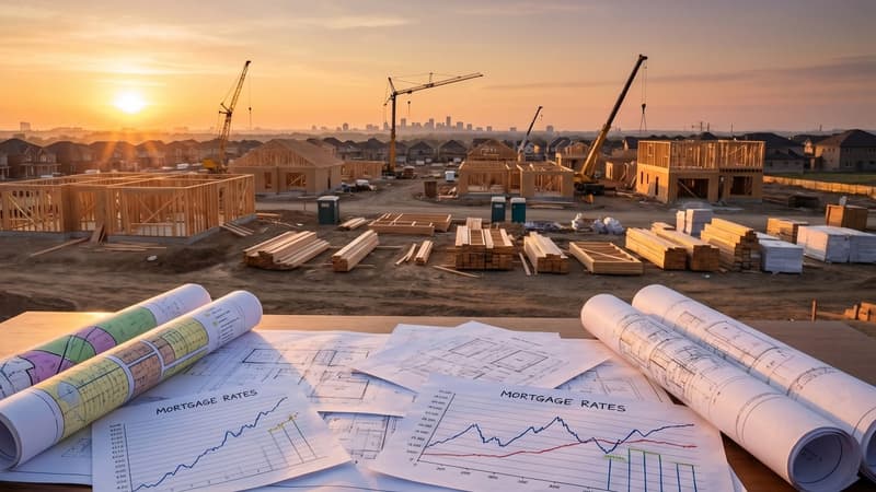 Suburban houses under construction, with zoning plan sheets and a rising mortgage-rate chart spread on a desk in the foreground