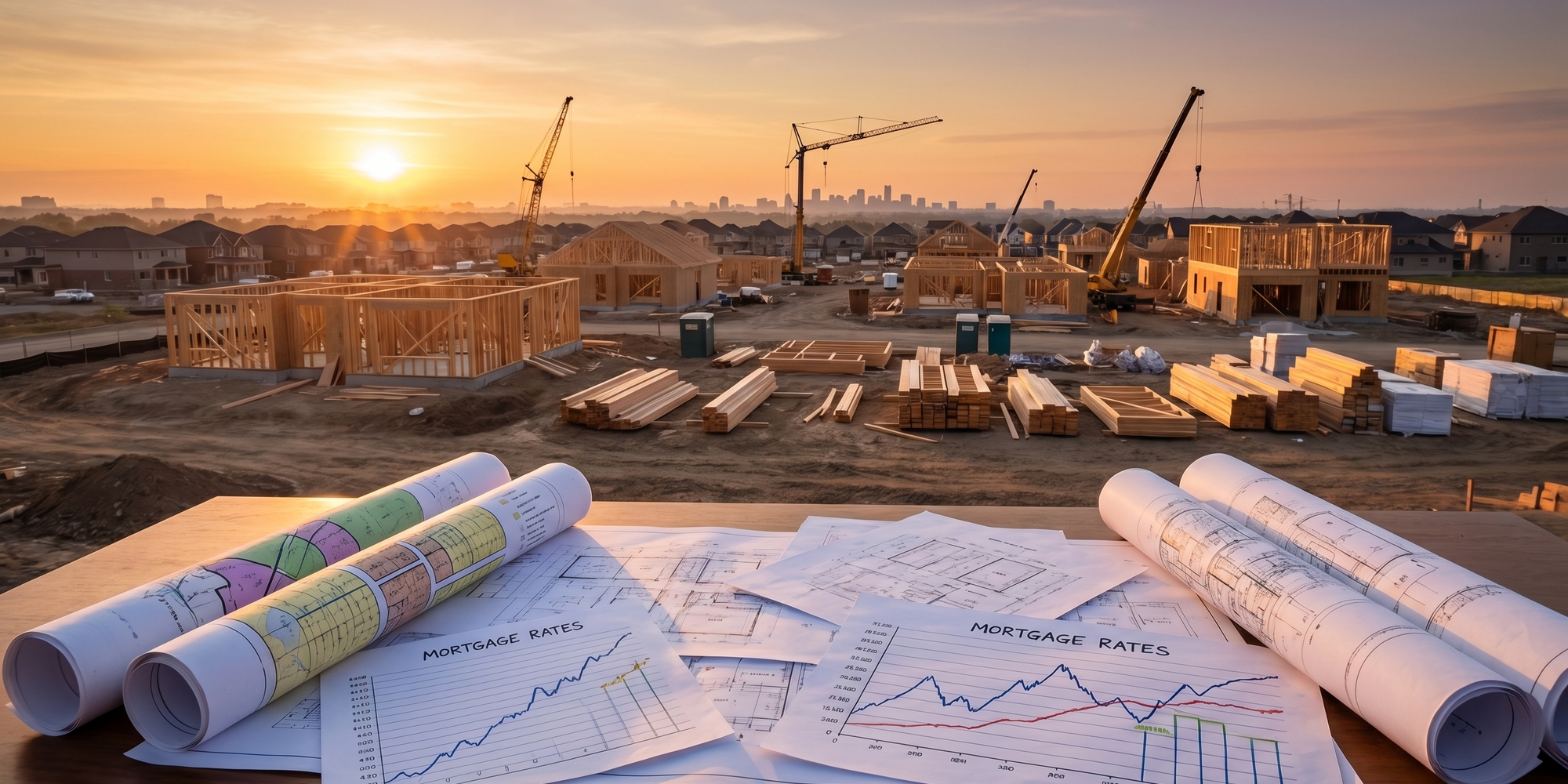 Suburban homes under construction with planning documents and housing market charts on a desk