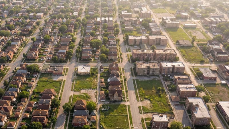 Dense urban residential neighborhood with a mix of housing types surrounded by undeveloped lots constrained by zoning restrictions