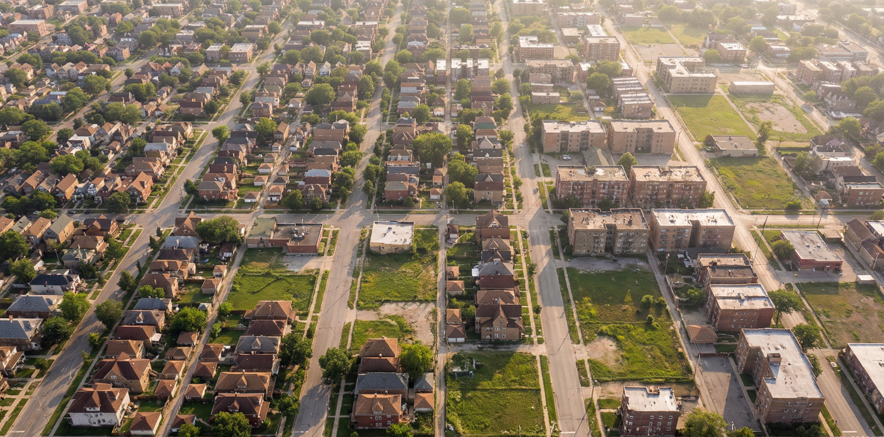Dense urban residential neighborhood with a mix of housing types surrounded by undeveloped lots constrained by zoning restrictions